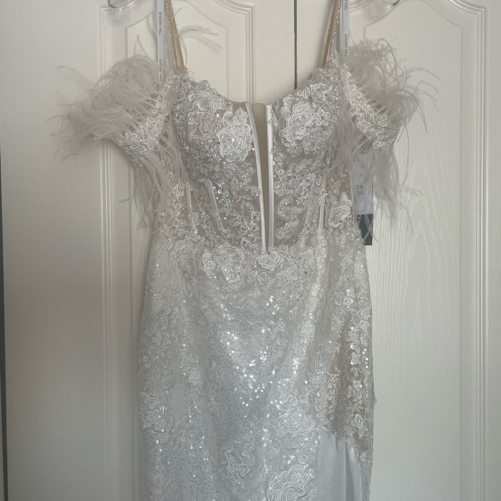 New with tags, Sherri Hill Style 54839, white feather dress